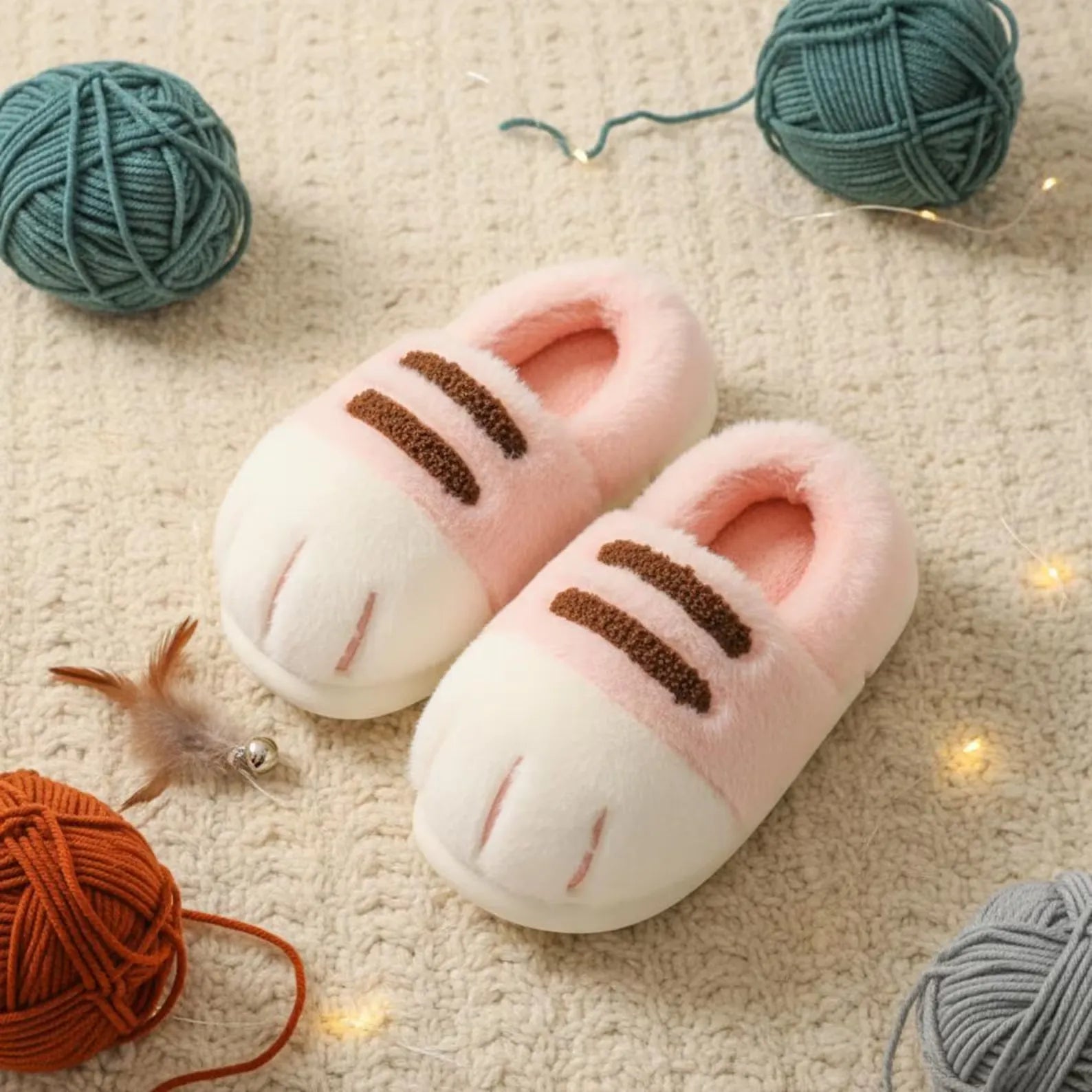 Pair of pink cat-shaped slippers with yarn balls on a textured surface
