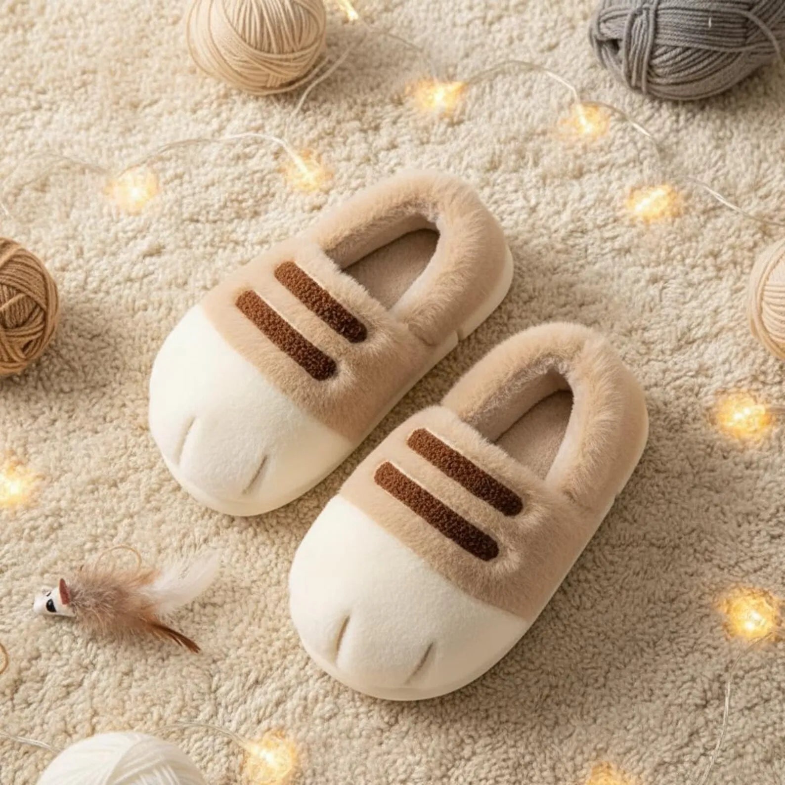 Pair of beige slippers with brown stripes on a soft surface with yarn and lights.