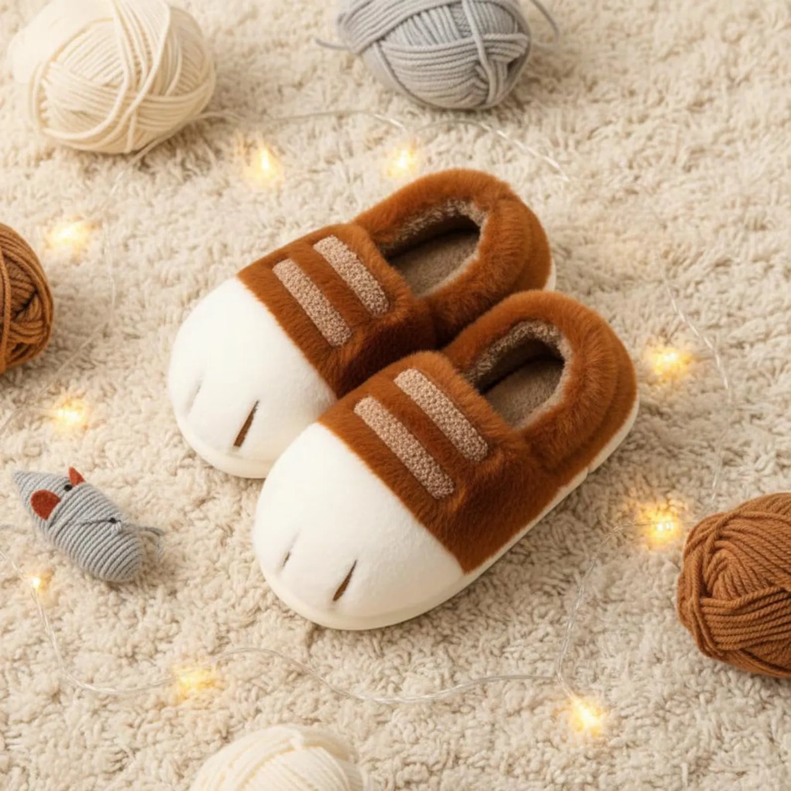 Pair of brown and white slippers on a soft surface with yarn balls and lights around.