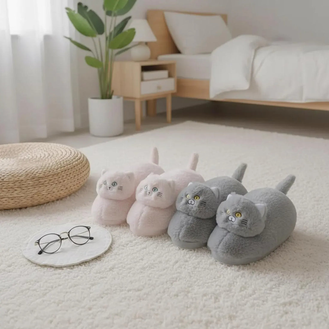 Gray slippers with cat face design on a fluffy carpet next to a bed.