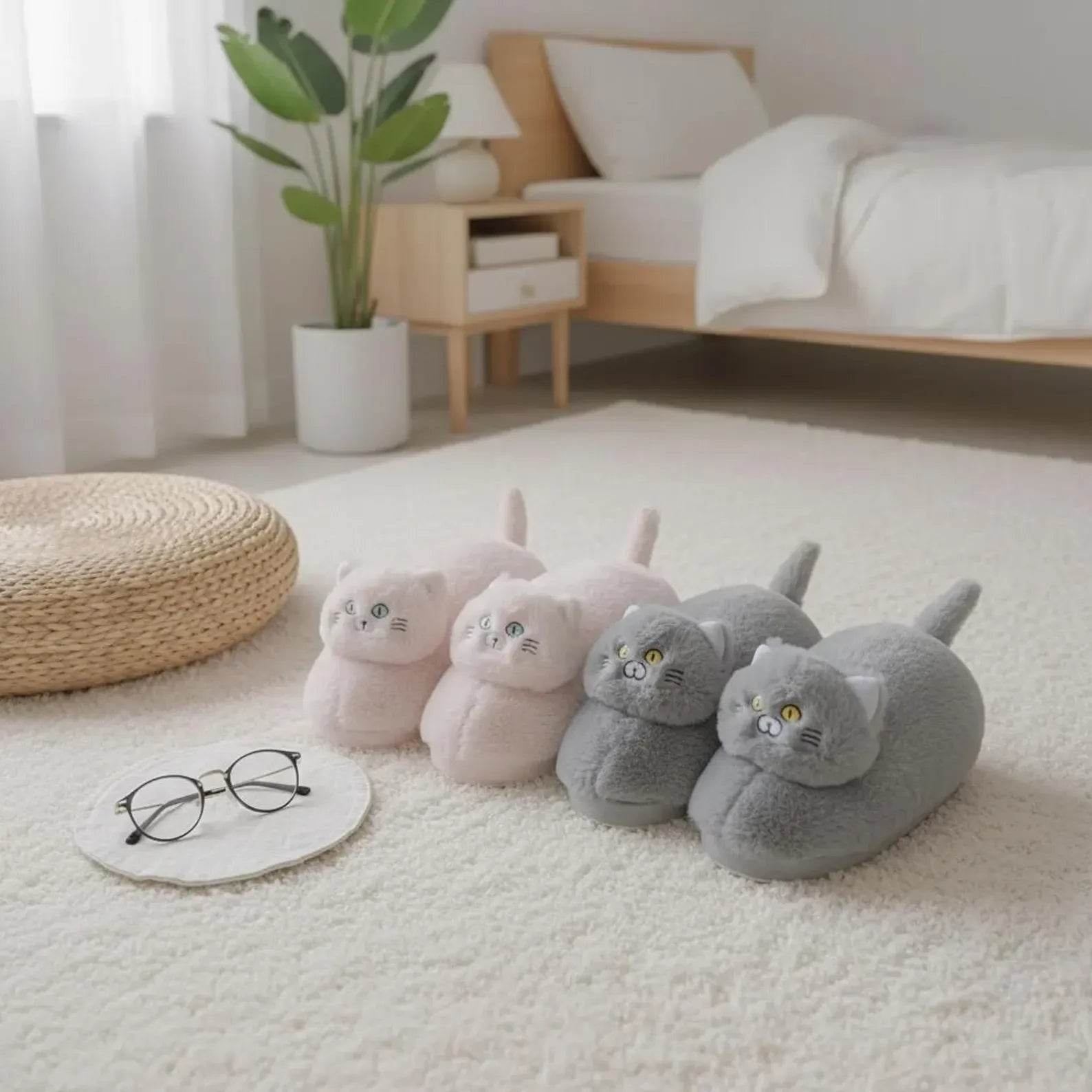 Cat-shaped slippers on a carpeted floor in a bedroom setting