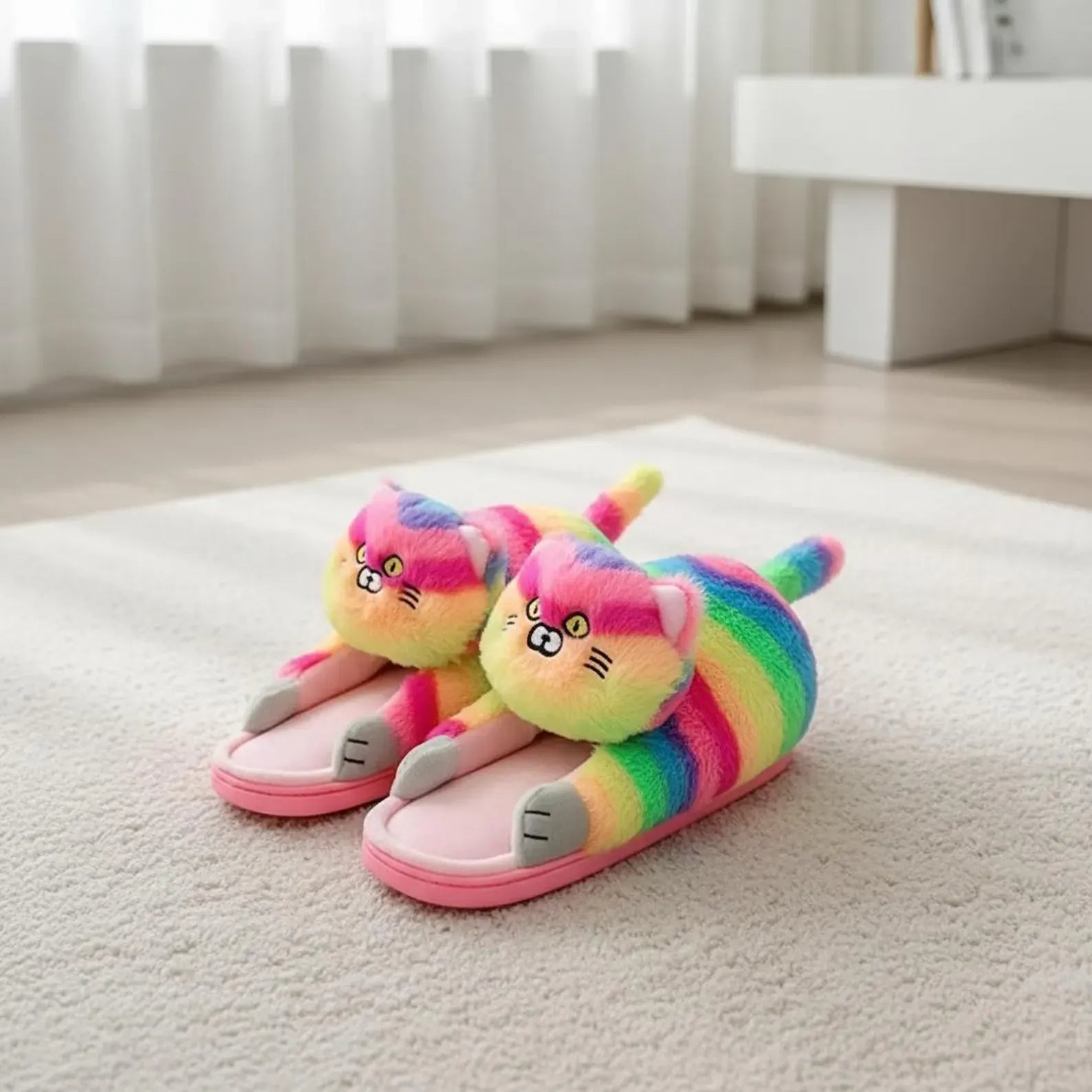Colorful cat-shaped slippers on a light carpet with a blurred background