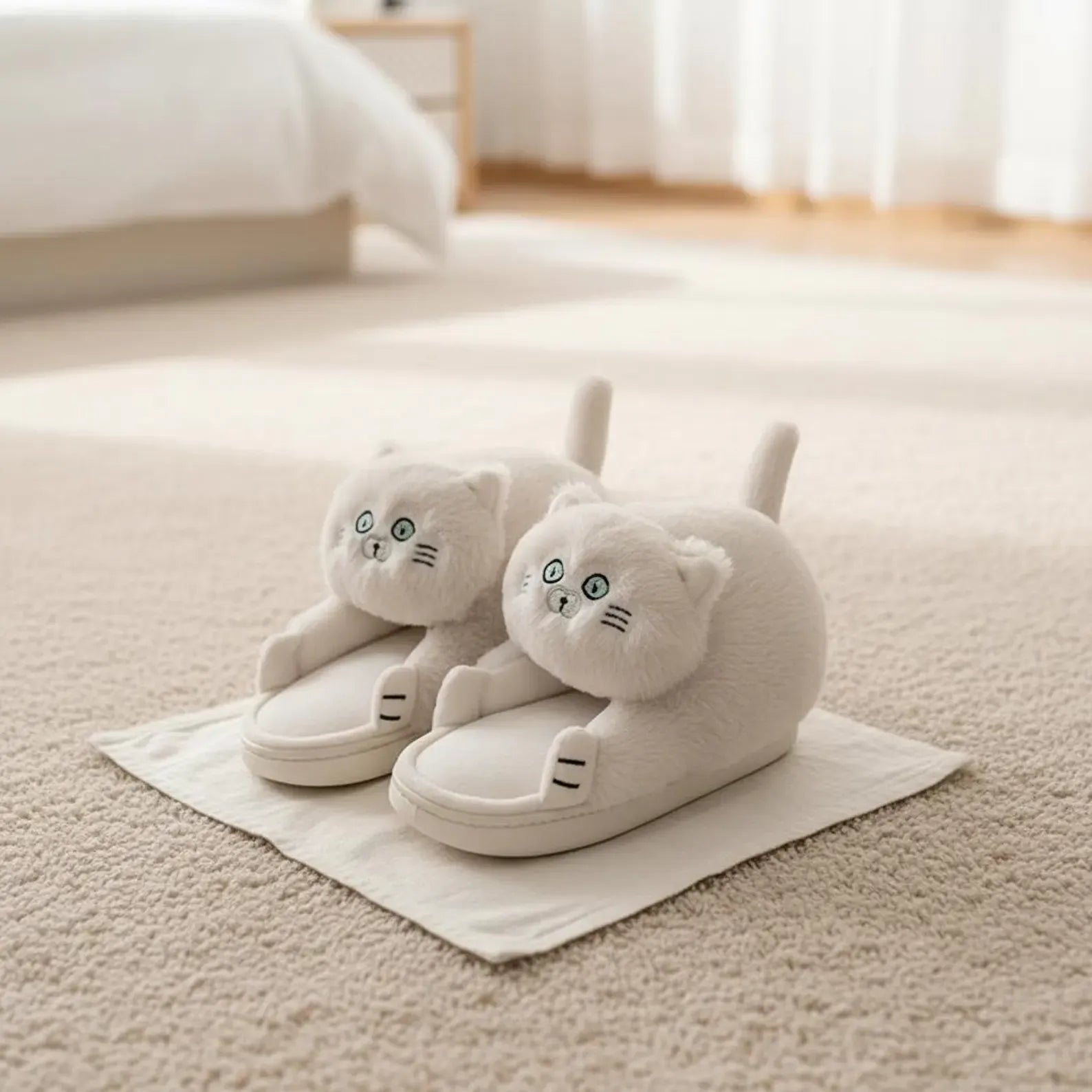 Pair of cat-shaped slippers on a light-colored rug in a room.