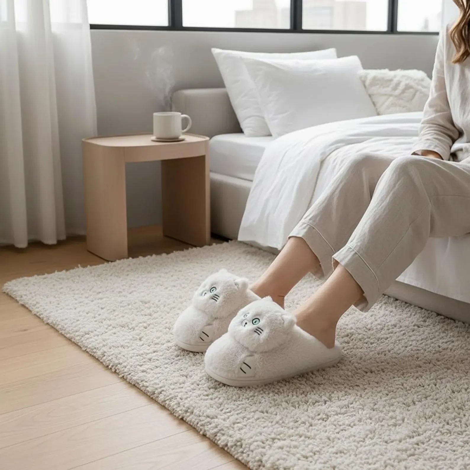 Person wearing white cat-slippers in a cozy living room.