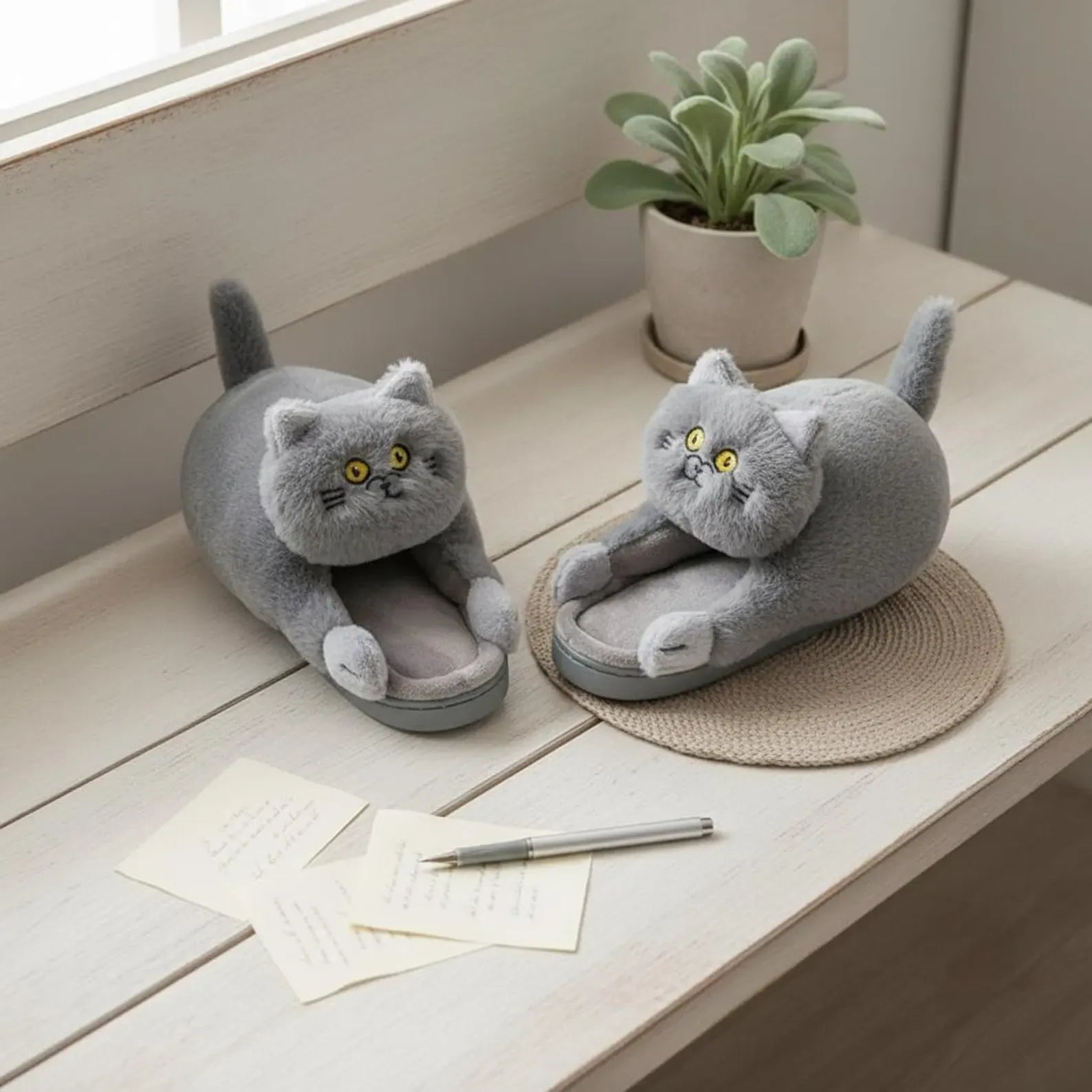 Cat-shaped slippers on a wooden surface with a plant and stationery items.