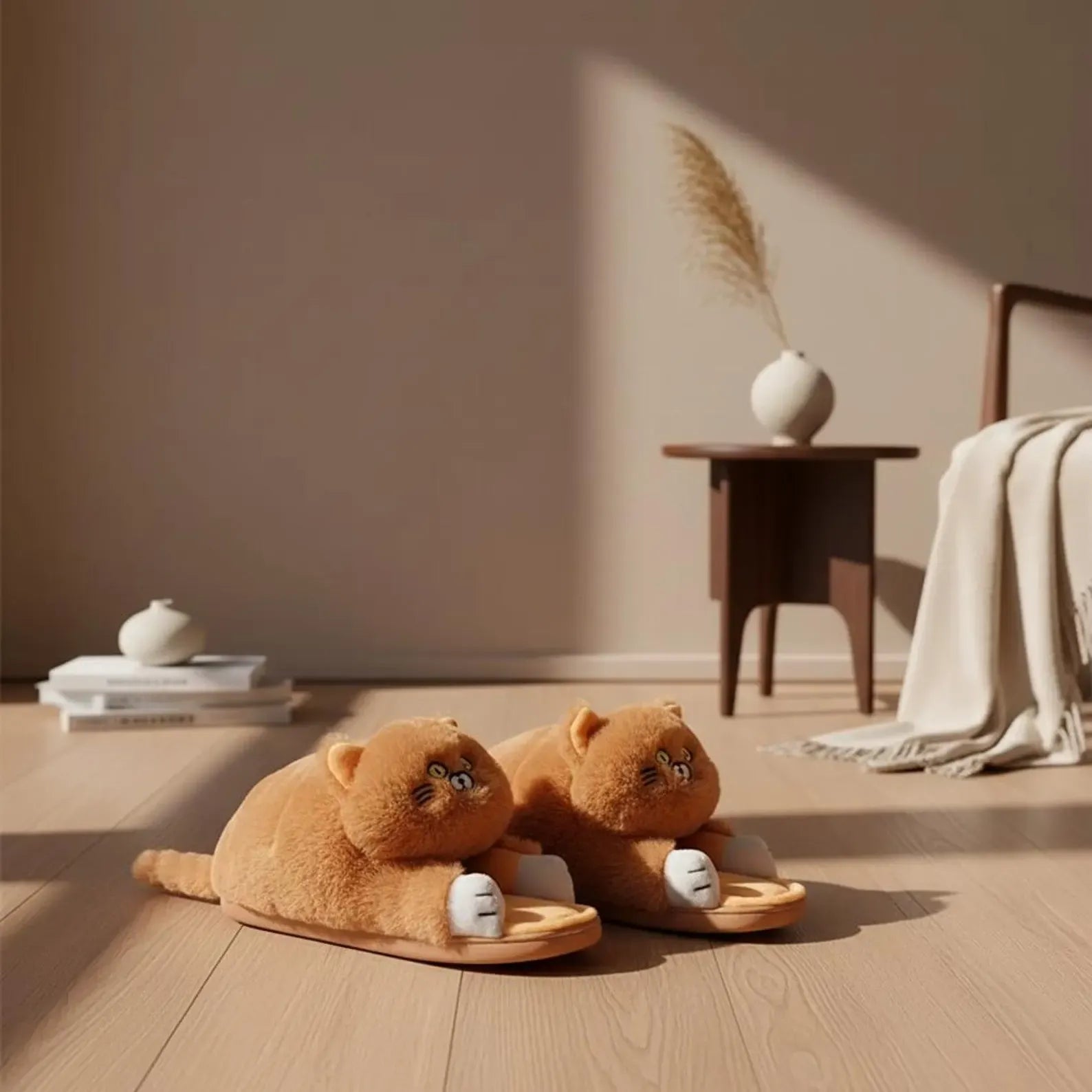 Pair of brown cat-shaped slippers on a wooden floor with a neutral background