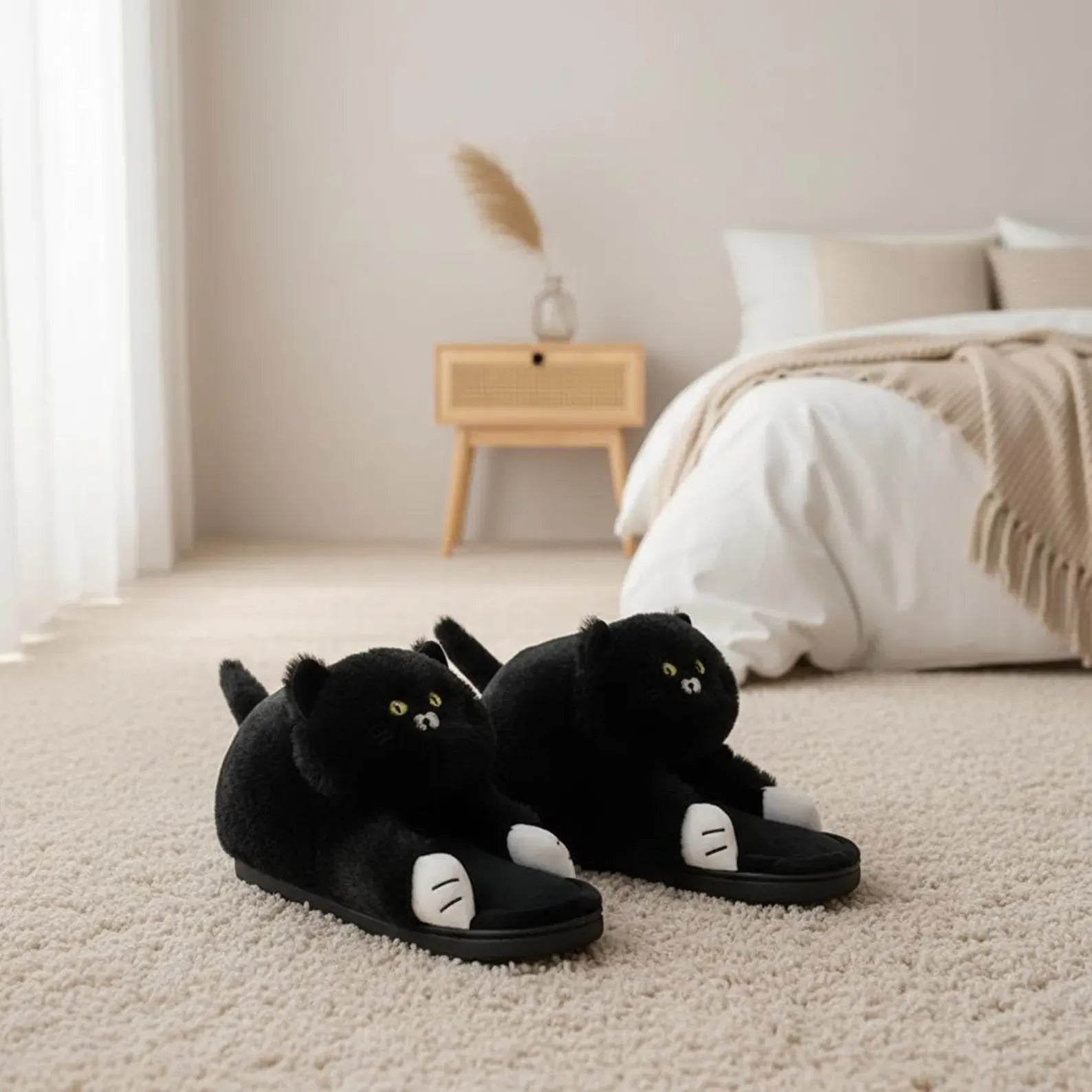 Black cat-shaped slippers on a carpeted floor with a bedroom in the background.