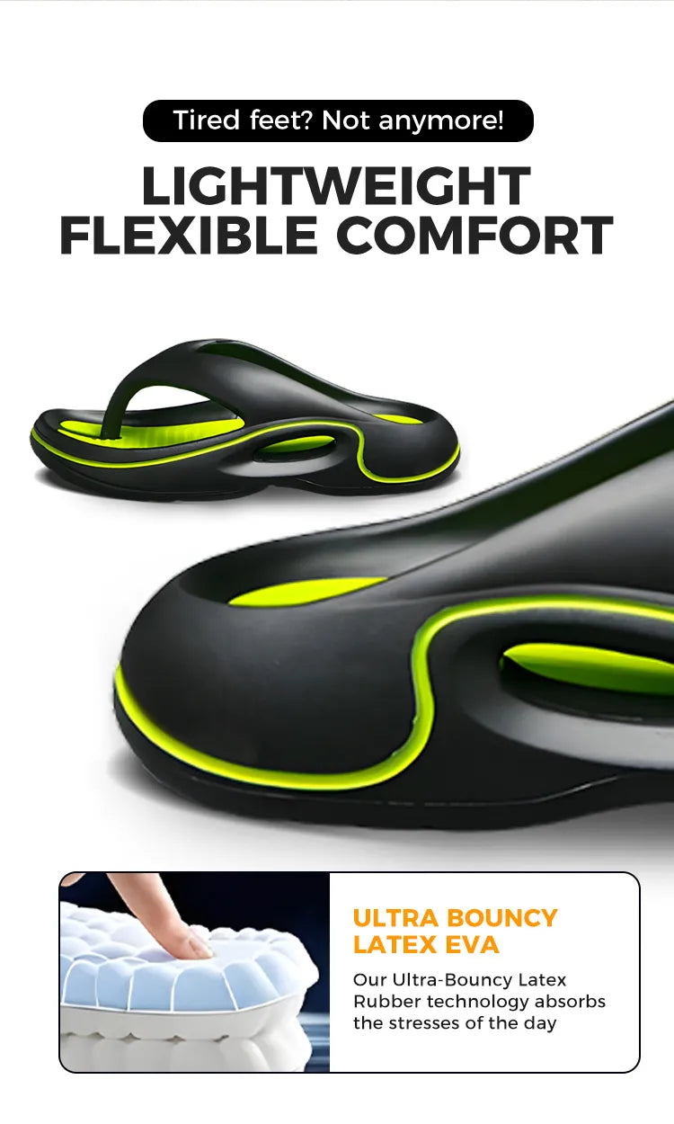 Black and green flip flop with promotional text about cloud comfy flip flops on a rocky background.