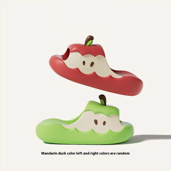 Apple novelty slipper gift set showing one red apple and one green apple slipper side by side