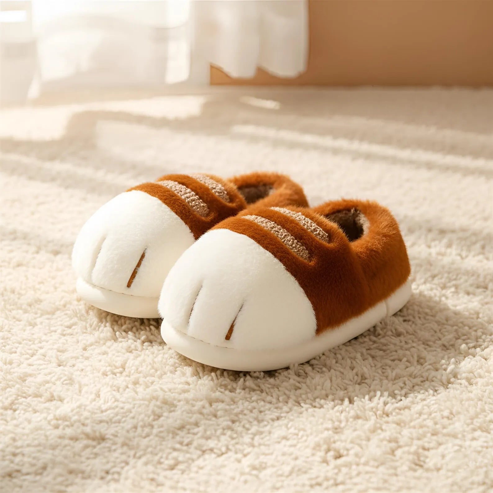 Pair of brown and white slippers on a soft surface