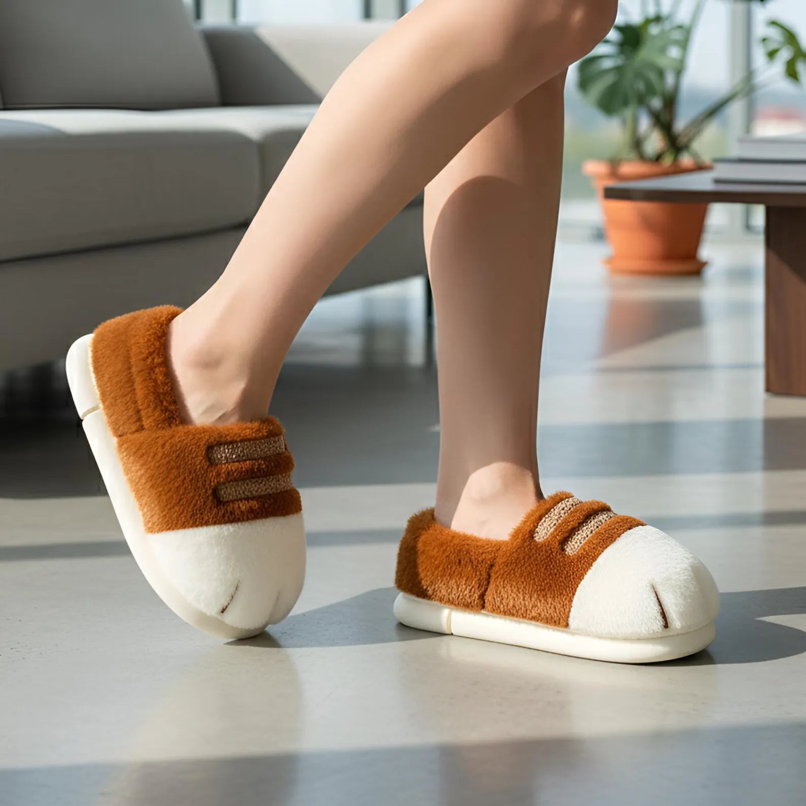 Brown and white slippers worn indoors on a light-colored floor.
