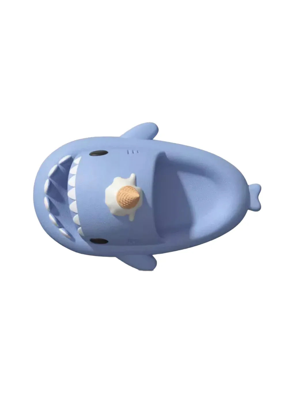 Blue shark-shaped bath toy with a white interior on a white background