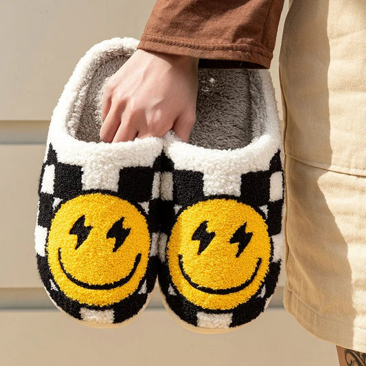 Smiley Face Checked Retro Slippers – Cozy Home Shoes - Funky Slippers