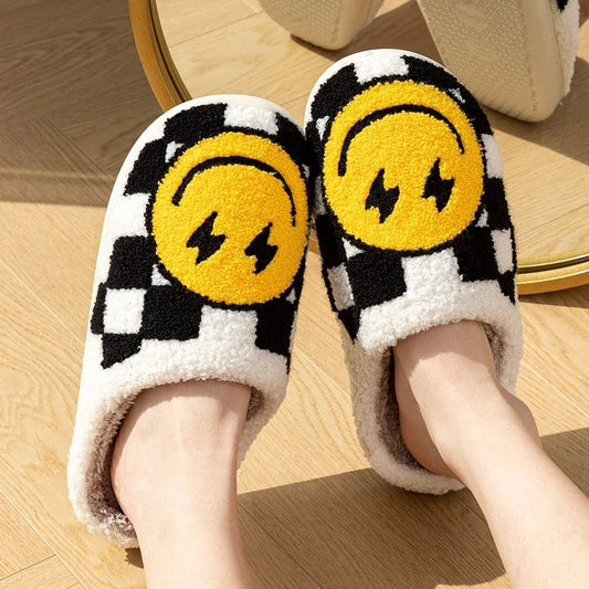 Smiley Face Checked Retro Slippers – Cozy Home Shoes - Funky Slippers