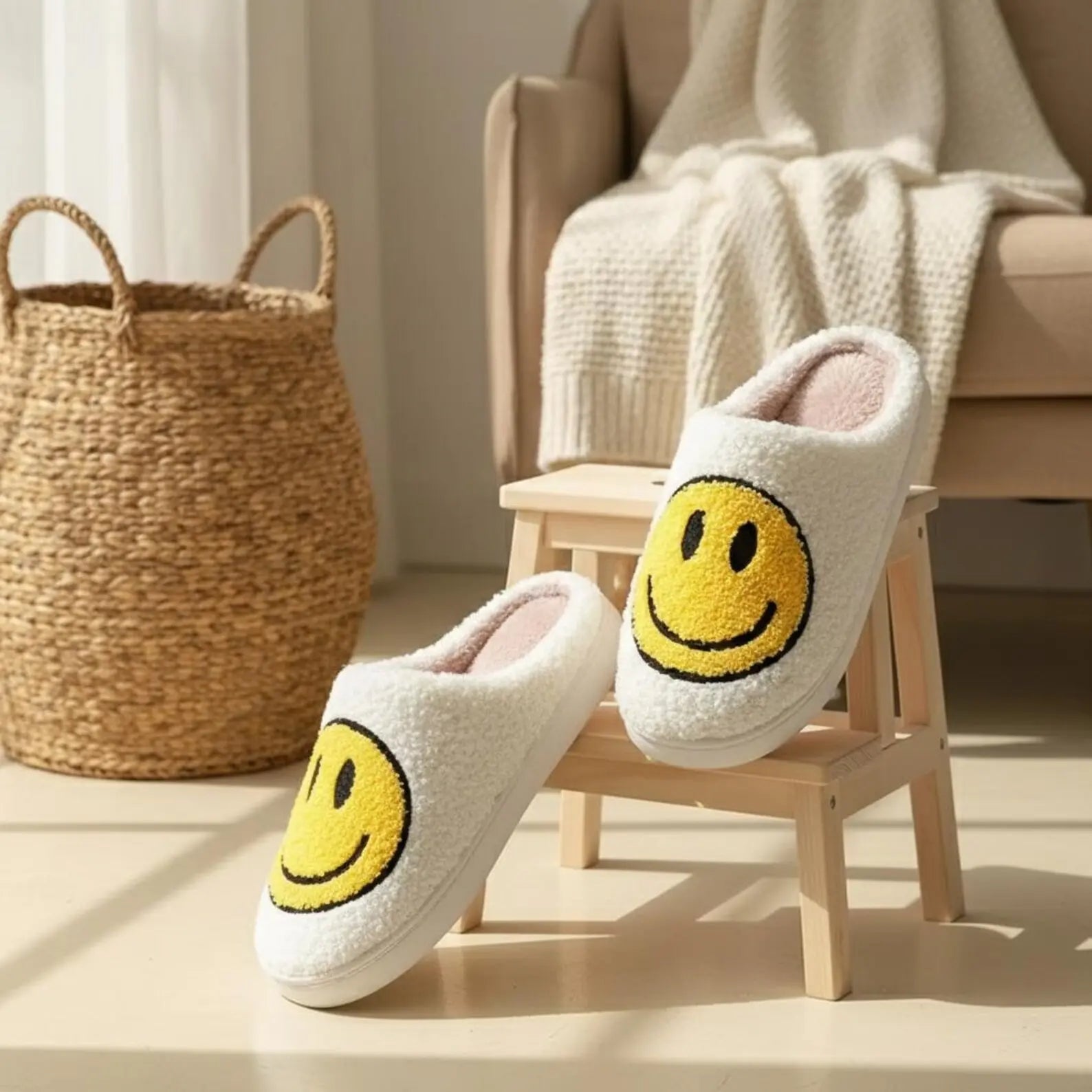White slippers with smiley face design on a wooden stool in a cozy room.