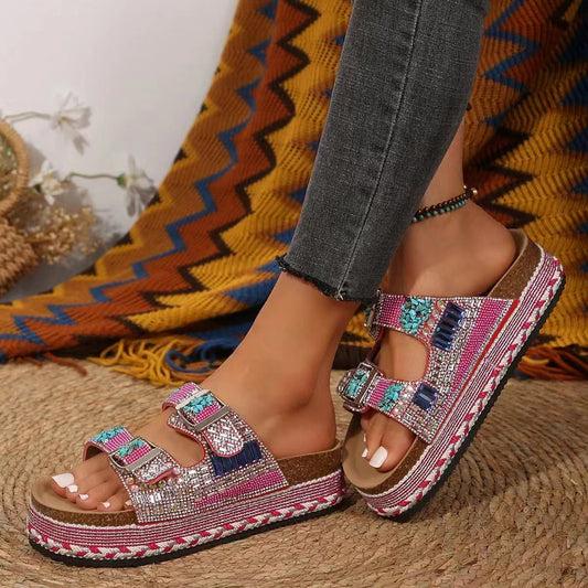 Women’s Cork Beach Slippers – Thick Hemp Rope with Rhinestone Buckles - Funky Slippers