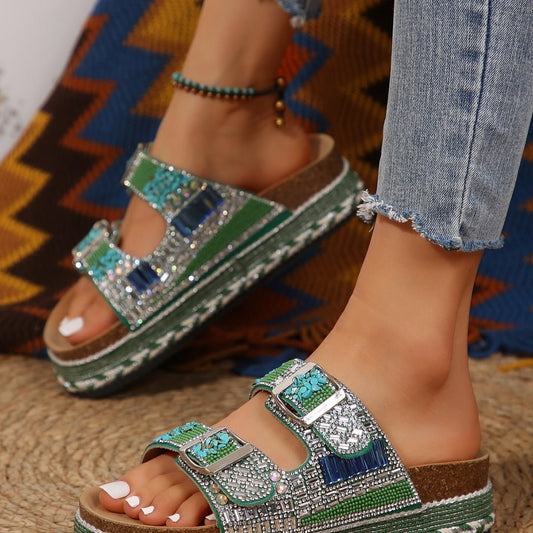 Women’s Cork Beach Slippers – Thick Hemp Rope with Rhinestone Buckles - Funky Slippers