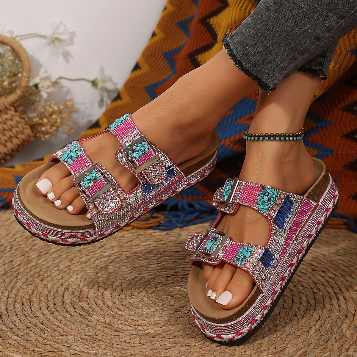 Women’s Cork Beach Slippers – Thick Hemp Rope with Rhinestone Buckles - Funky Slippers