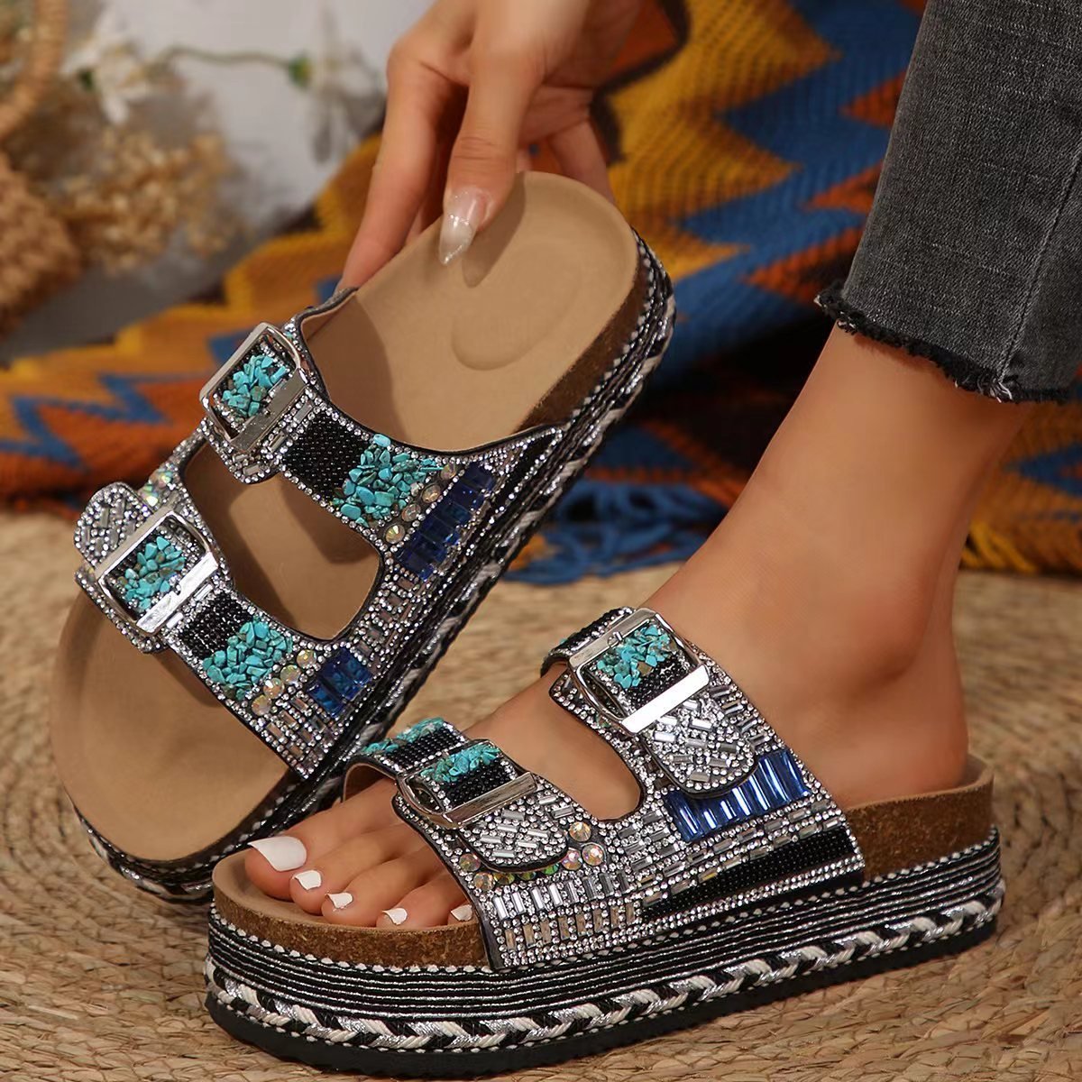 Women’s Cork Beach Slippers – Thick Hemp Rope with Rhinestone Buckles - Funky Slippers