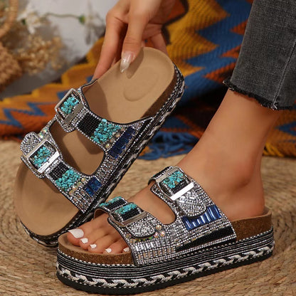 Women’s Cork Beach Slippers – Thick Hemp Rope with Rhinestone Buckles - Funky Slippers