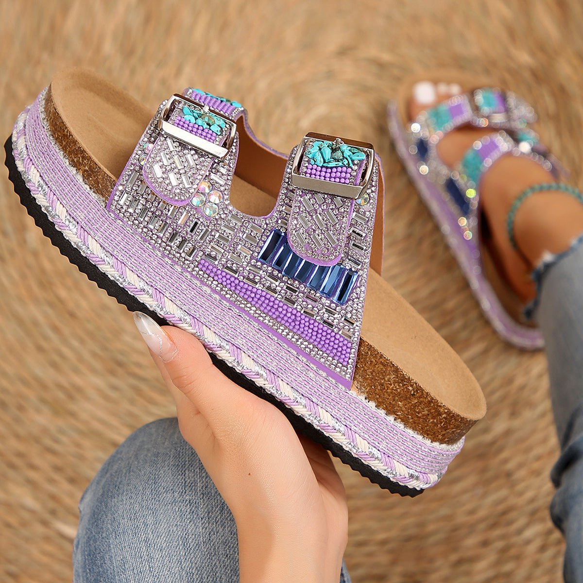 Women’s Cork Beach Slippers – Thick Hemp Rope with Rhinestone Buckles - Funky Slippers