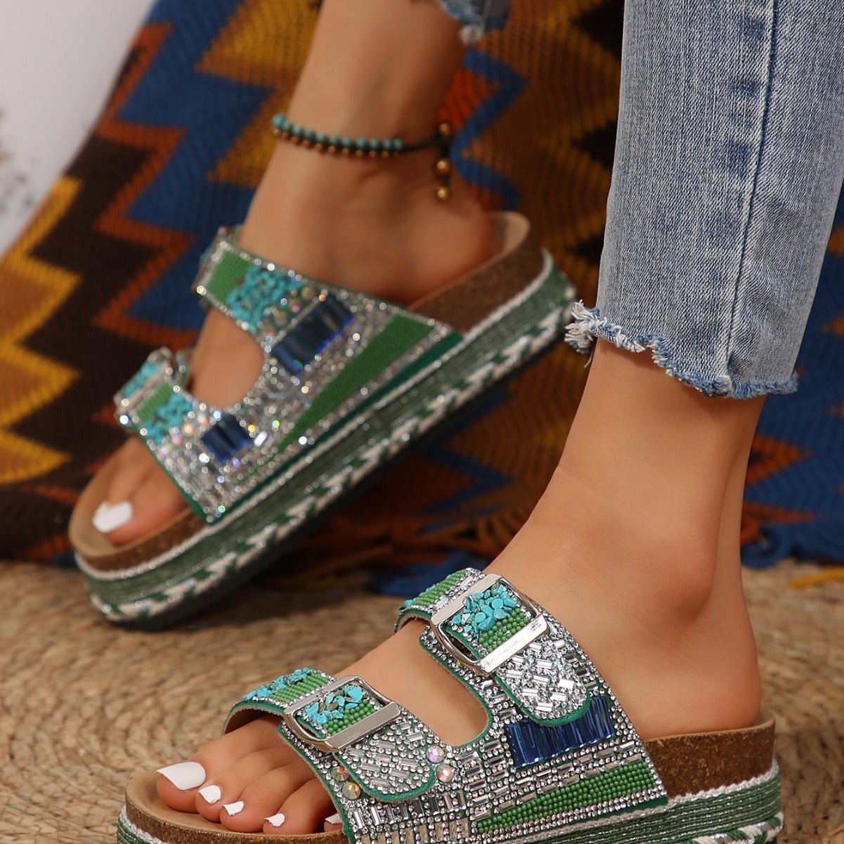 Women’s Cork Beach Slippers – Thick Hemp Rope with Rhinestone Buckles - Funky Slippers